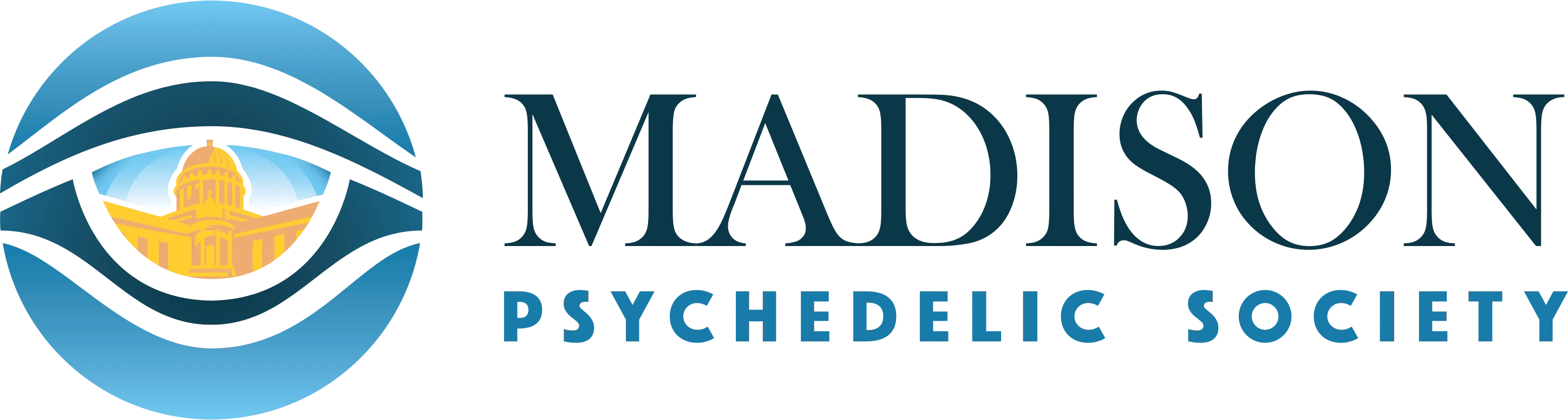 The Madison Psychedelic Society logo: A blue eyeball with the state capital building in it's pupil.